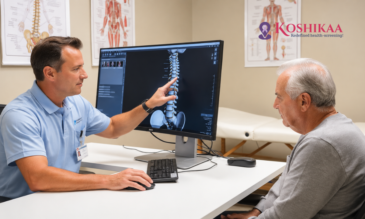 Elderly patient discussing spinal compression symptoms with doctor