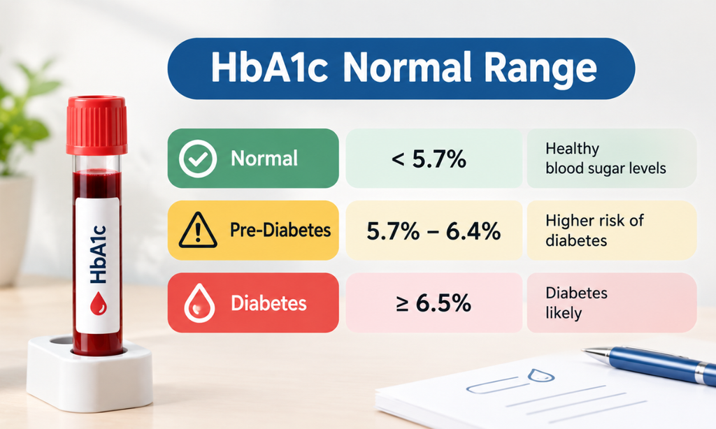 HbA1c normal range chart showing healthy and elevated blood sugar levels
