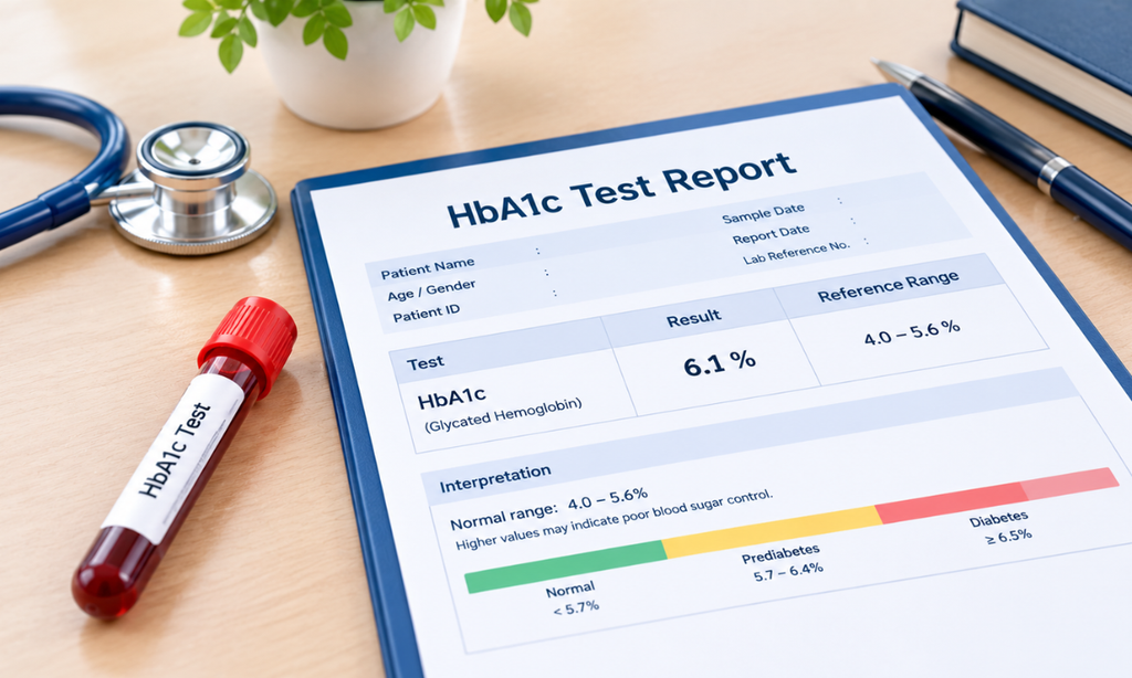 HbA1c test report showing blood sugar level results and diabetes screening values