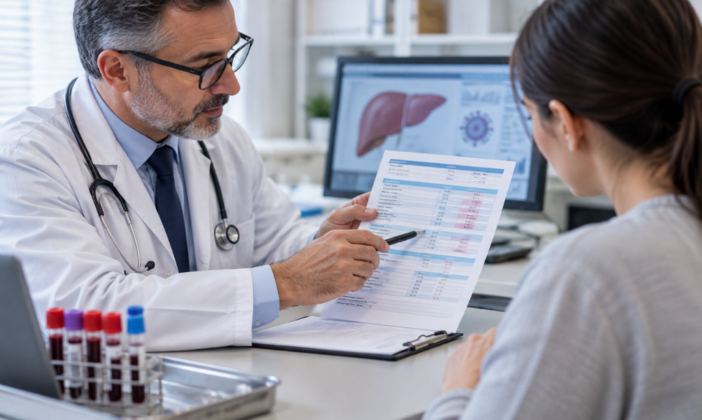 Doctor reviewing Hepatitis B test results with patient