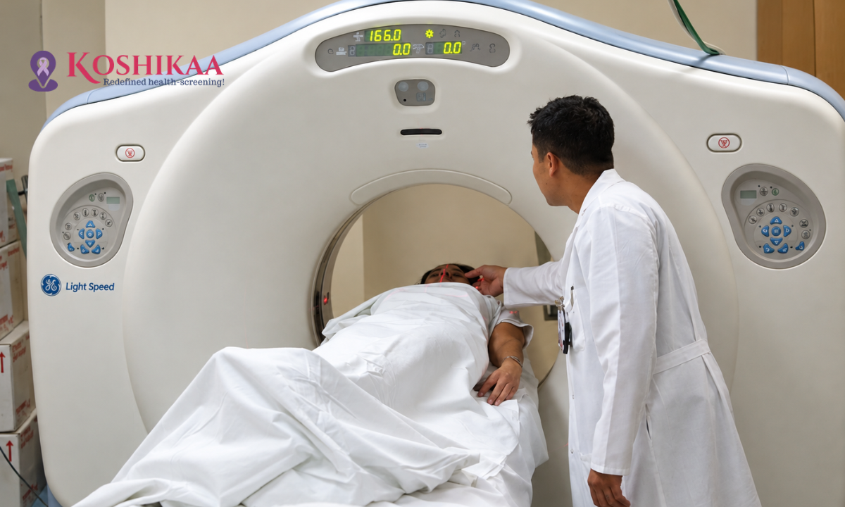 CT scan machine with patient preparing for a scan at a diagnostic imaging centre