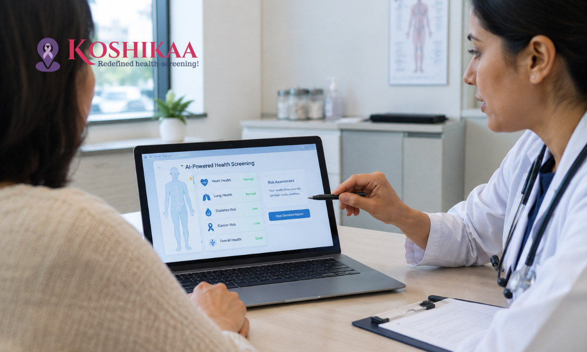 Clinician reviewing a medical scan with AI-assisted analysis on screen