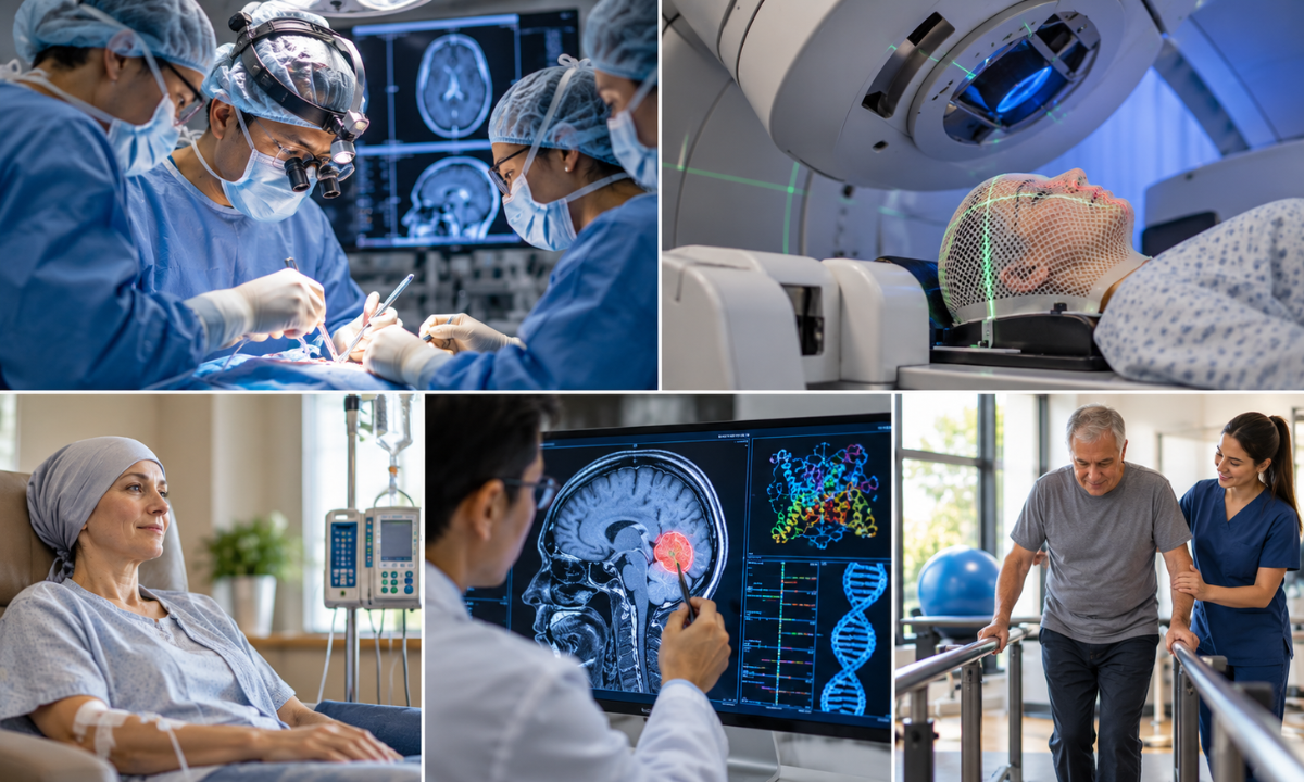 Overview of brain tumor treatment options, including surgery, radiation therapy, and chemotherapy.